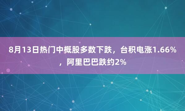 8月13日热门中概股多数下跌，台积电涨1.66%，阿里巴巴跌约2%